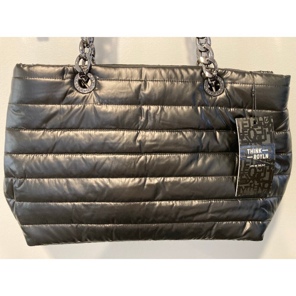 THINK ROYLN Crossbody Tote Bag Black Patent Quilted NWT Sleek